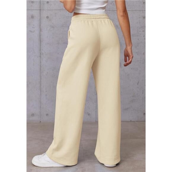 Womens Wide Leg Sweatpants High Waisted Beige - Picture 4 of 6